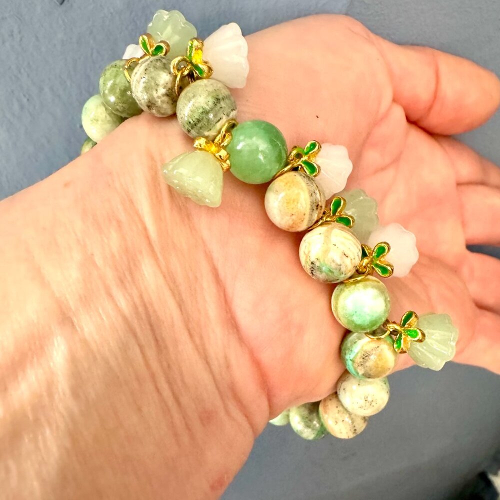 Green Tree Agate  & Jade Healing One of a Kind Stretch Bracelet Size 7.5" - Picture 6 of 10